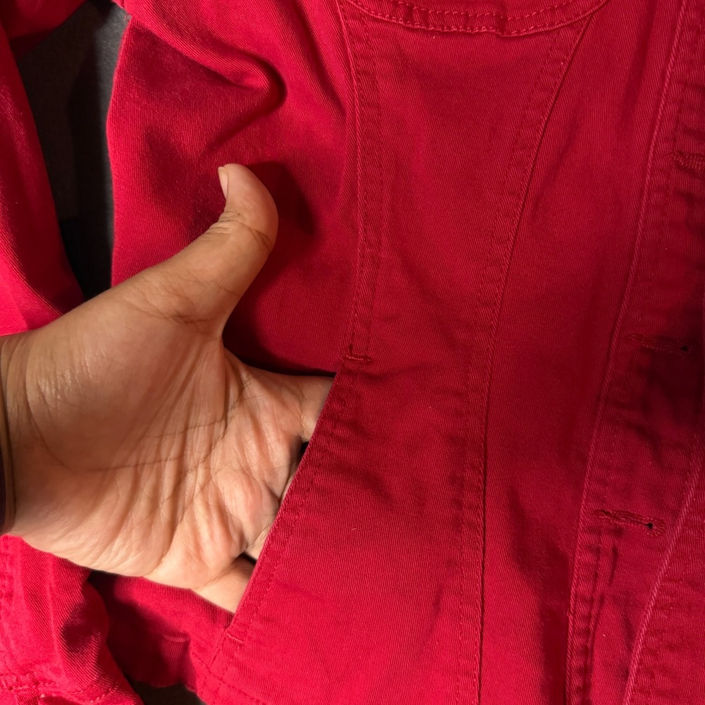 Dressbarn Womens Red Denim Jacket Stretch Cotton Button Front Size S Pockets - Picture 9 of 9